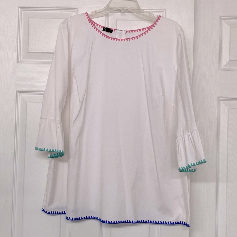 Talbots Colorful Embroidery Stitching White Ladder Blouse Top Bell Sleeves Sz 2X